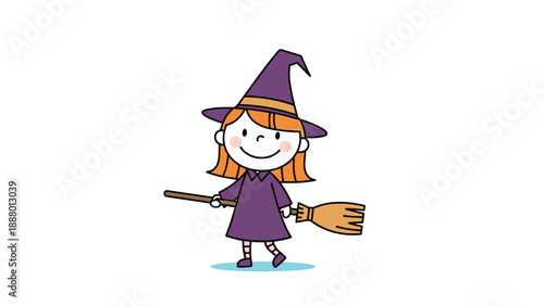 Cute little girl dressed in a purple witch costume holding a broomstick for Halloween celebration on a white background.