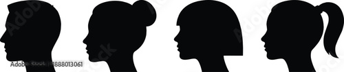 Four black silhouettes of women's heads in profile profiles white background