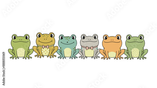 Row of six colorful cartoon frogs in various shades of green and orange sitting together on a plain white background.
