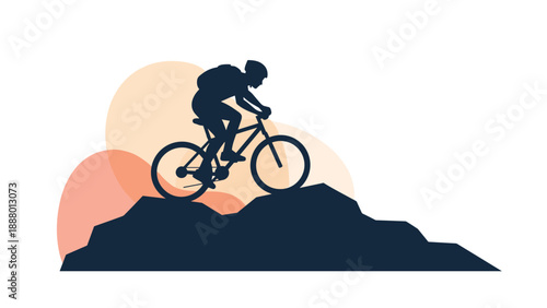 Dark silhouette of a person riding a mountain bike on a rocky peak against a background of soft orange circles.