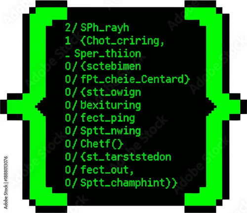 Abstract digital art resembling a computer code snippet with green text on a black background and pixelated borders