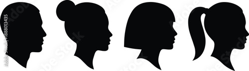 Black silhouettes of four women with different hairstyles profiles side views