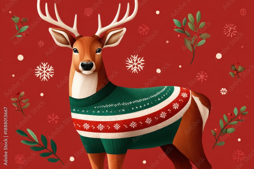 Fototapeta premium Festive deer in a green and red knitted sweater stands against a Christmas backdrop