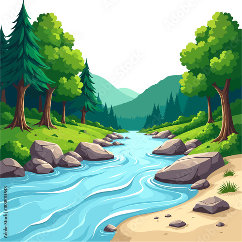 Stylized forest river landscape with flowing water, trees and rocks. Bright cartoon illustration suitable for backgrounds, games, apps and nature-themed designs.