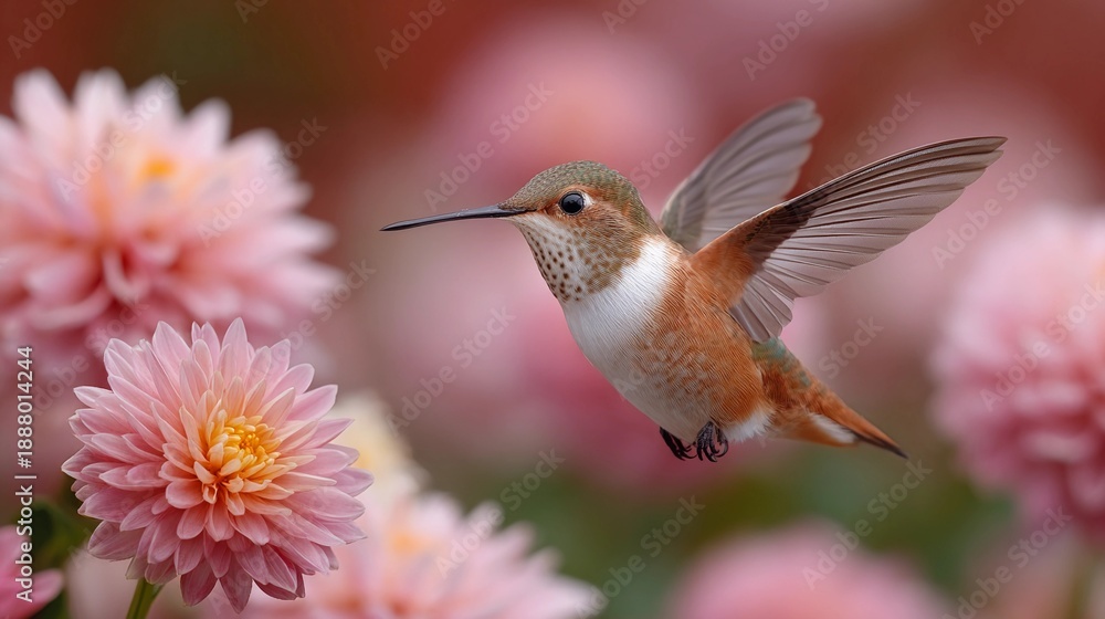 Fototapeta premium A hummingbird is flying over a field of pink flowers