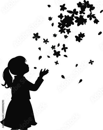 Silhouette Of A Girl Looking Up At Falling Cherry Blossom Petals