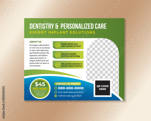 dentistry and personalized care, expert implant solutions flyer Premium Template. horizontal layout poster use for your marketing project or event. easy to customize and other massive graphic resource