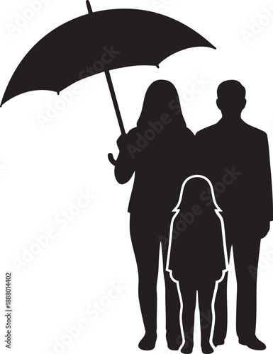 Small family silhouette mother with ambarella standing with husband and her daughter 