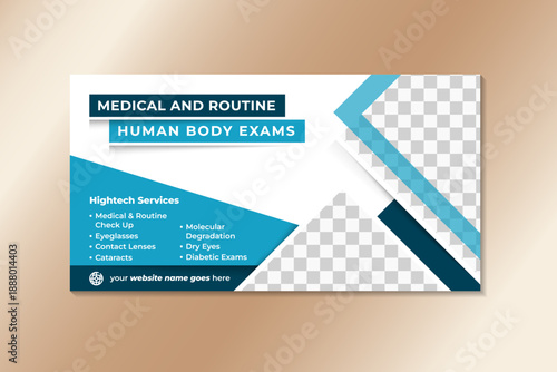 medical and routine human body exams horizontal banner with triangle shape for photo space. blue color element isolated on white background. 
