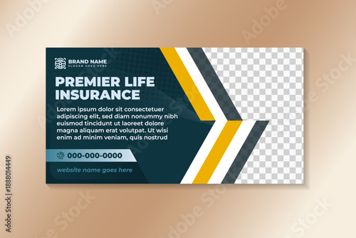 premier life insurance background on horizontal layout. combination yellow and white color isolate on green background. line blend and dot halftone pattern elements in transparency.