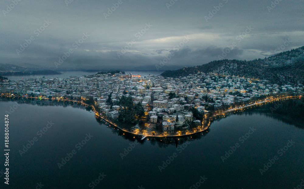 Fototapeta premium lake, water, Kastoria, Greece, sky, landscape, reflection, clouds, nature, summer, mountain, travel
