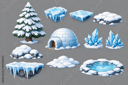 Winter Snow Ice World Game Assets – Cartoon Pine Trees, Igloo, and Frozen Elements