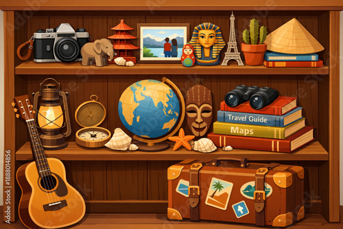 Traveler’s Cupboard Vector Illustration – Books and Travel Souvenirs Flat Design