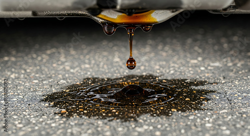 Wallpaper Mural Engine oil dripping from a car, forming a dirty puddle on asphalt pavement, indicating a vehicle maintenance issue or leak. Torontodigital.ca