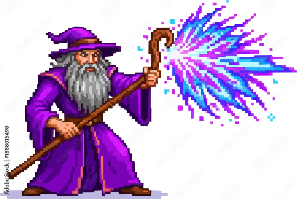 Obraz premium Pixel art illustration of a wise old wizard in a purple robe casting a spell with a staff