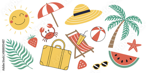 A seamless cartoon vector illustration collection of summer beach and travel icons set featuring a sun, sea, umbrella, ball, sunglasses, and sand for a holiday vacation design pattern