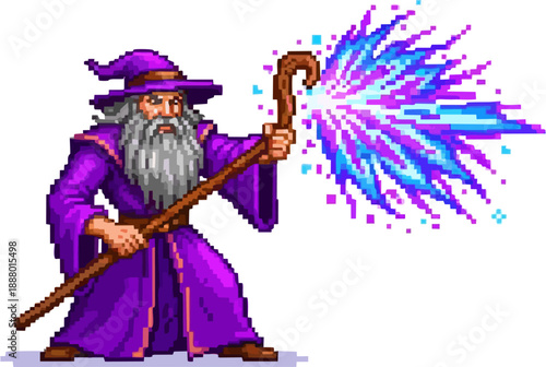 Pixel art illustration of a wise old wizard in a purple robe casting a spell with a staff