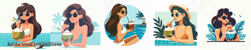 Cartoon Style Illustration of Woman Drinking Coconut Juice on Vacation