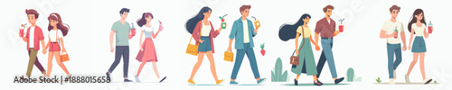 Minimalist Illustration of Several Young Couples Walking Together in Leisure