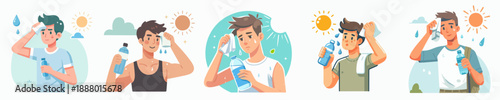 Cartoon Young Man Feeling Hot and Sweaty In Summer Illustration Set