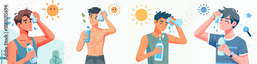Flat Style Group of Sweaty Man Feeling Hot in Summer Illustration