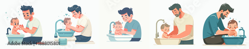 Cute Cartoon Style Dad and Baby Bathing Illustration Set