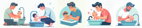Simple Lineal Father Giving Bath to Baby Flat Illustration Set