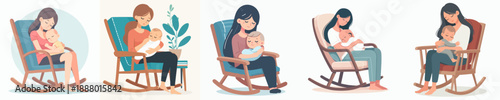 Cute Flat Illustration of Breastfeeding Woman and Baby in Rocking Chair Set