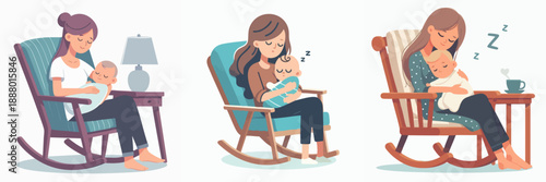 Flat Illustration Set of Mother Holding Baby in Rocking Chair Concept