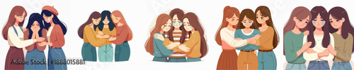 Flat Style Empathetic Group of Young Woman Comforting Each Other Illustration