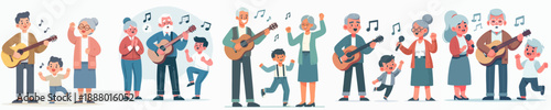 Cheerful Flat Style Multi Generational Family Musicians Illustration with Music Notes