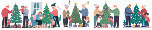 Modern Flat Style Grandparent Family Decorating Christmas Tree Together Illustration