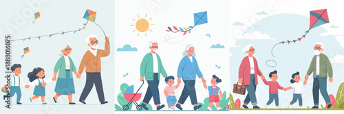 Flat Style Family Enjoying Time Flying Kite with Grandparents Illustration