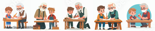 Cartoon Grandfather Teaching Grandson Drawing Together at Wooden Desk Illustration
