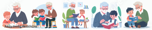 Gentle Illustration Grandparent Reading Book with Child Illustration for Microstock