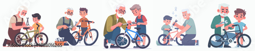 Cartoon Illustration of Grandfather Repairing Bicycle with Grandson for Bonding Time