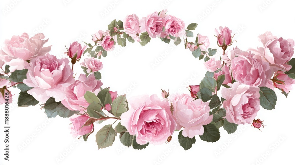 Fototapeta premium Vector illustration of a pink rose floral wreath for romantic or wedding designs