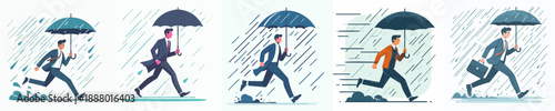 Business People Running with Umbrella in the Rain Flat Design Illustration