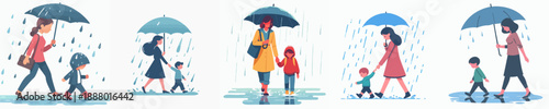 Minimalist Cartoon Mother and Child Walking Under Umbrella in the Rain Illustration