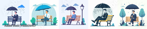 Flat Illustration Man Sitting Under Umbrella on Bench in Rainy Weather