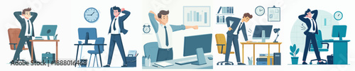 Flat Style Diverse Businessman Stretching Body at Workplace Illustration Concept