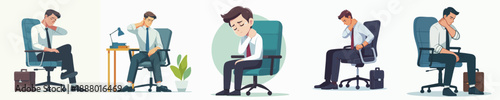 Cartoon Illustration of Tired Businessman Sitting in Office Chair Various Poses