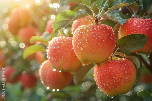 Wallpaper Mural Fresh apples hanging from tree with dew drops in orchard Torontodigital.ca