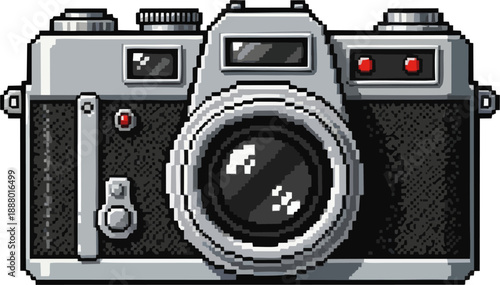 Retro-style pixel art illustration of a vintage camera, perfect for photography, design, and retro-themed projects