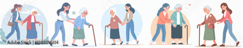 Flat Illustration Caregiver Assist Elderly Woman Walking with Stick Concept