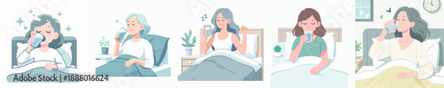 Minimalist Flat Illustration of Diverse Woman Drinking Water in Bed Routine