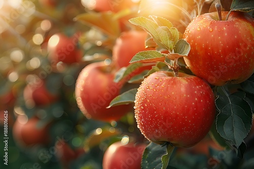 Wallpaper Mural Ripe red apples hanging on tree branch with morning dew Torontodigital.ca