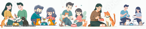 Playful Handdrawn Young People and Their Cats Pet Feeding Illustration