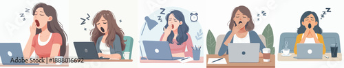 Flat Illustration Set of Exhausted Businesswoman Working at the Laptop