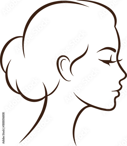 Minimalist line art of serene female profile with bun hairstyle and closed eye in elegant fashion illustration style